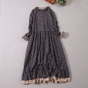 Japanese Mori Girl Art Print Dress Pretty Cotton Linen Spring Women New Floral Dress Loose Long-sleeved Dress Midi Dress