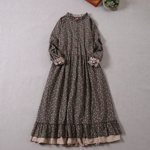 Japanese Mori Girl Art Print Dress Pretty Cotton Linen Spring Women New Floral Dress Loose Long-sleeved Dress Midi Dress