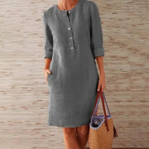 Women Casual Soild Long Sleeve Cotton and Linen Tunic Dress Vintage Straight Dress Long Sleeve Oversized Mini Dress