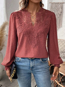 Luxury Lace Hollowed V-Neck Shirt Women Solid Color Long Sleeve Top Office Lady Elegant Daily Blouse