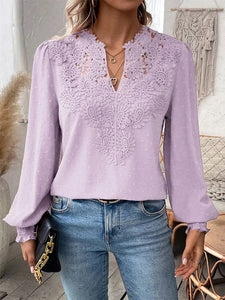 Luxury Lace Hollowed V-Neck Shirt Women Solid Color Long Sleeve Top Office Lady Elegant Daily Blouse