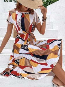 Msfilia Summer Print Pleated A Line Long Dress Women Short Sleeve High Waist Spring Round Neck Chic Dress with Belt