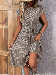 Msfilia Summer Print Pleated A Line Long Dress Women Short Sleeve High Waist Spring Round Neck Chic Dress with Belt