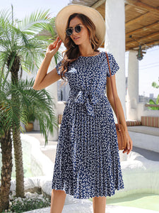 Msfilia Summer Print Pleated A Line Long Dress Women Short Sleeve High Waist Spring Round Neck Chic Dress with Belt