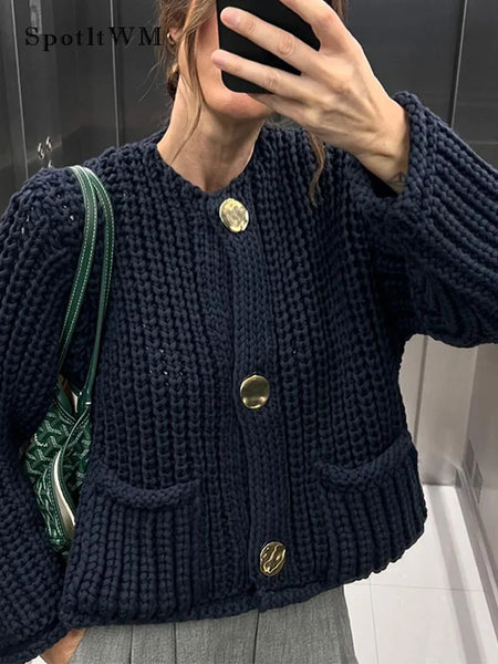 O Neck Single-breasted Knitted Cardigan For Women Casual Pocket Long Sleeve Sweater 2024 Autumn Fashion Lady Streetwear Knitwear