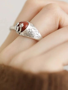 Agate Lotus S925 Silver Ring Women's 2024 New Niche Design Retro Style Index Finger Ring Mother's Day Gift