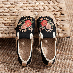 Embroidered Shoes Fisherman Shoes Cart Stitching Cotton and Linen Embroidery Shoes, Anti Slip and Breathable Round Toe Women's Shoes