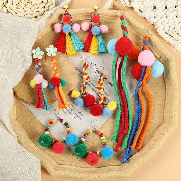 Ethnic Style Plush Ball Earrings Vintage Bohemian Long Personalized Colorful Plush Ball Earrings Holiday Tassel Earrings