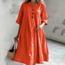 Load image into Gallery viewer, Women&#39;s Dress Women&#39;s Medium and Long V-neck Half-sleeve Cotton and Linen Loose Version Three-button Pocket Dress