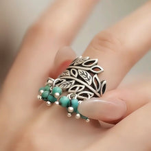 Load image into Gallery viewer, Silver New Retro Old Turquoise Fringed Ring Ethnic Style Tang Grass Flower Hollow Hammer Ring