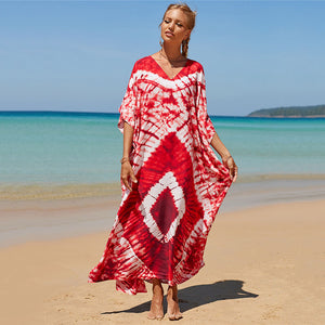 Hot Cotton Watermark Printed Beach Cover Up Robe Style Beach Vacation Sun Protection Bikini Cover Up