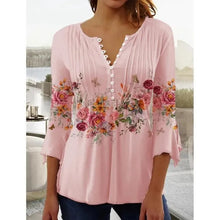 Load image into Gallery viewer, Spring and Summer Fashion New Women&#39;s Clothing Floral Printing V-neck Short-sleeved Pleated Button-up T-shirt Bottoming Shirt