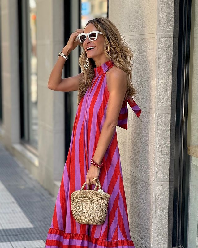 New Dress Neck Halter Striped Print Long Dress