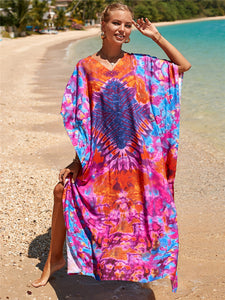 Hot Cotton Watermark Printed Beach Cover Up Robe Style Beach Vacation Sun Protection Bikini Cover Up