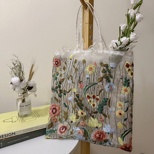 New Mesh Full Hand Embroidered Flower Shoulder Bag Handheld Lace Tote Bag Art Antique Bag