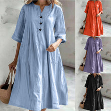 Load image into Gallery viewer, Women&#39;s Dress Women&#39;s Medium and Long V-neck Half-sleeve Cotton and Linen Loose Version Three-button Pocket Dress