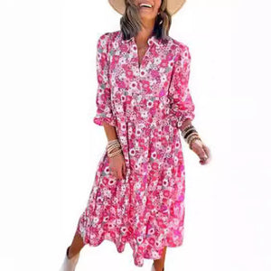 New Casual Loose Long-sleeved V-neck Women's Bohemian Floral Elegant A-shaped Dress