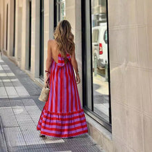 Load image into Gallery viewer, New Dress Neck Halter Striped Print Long Dress