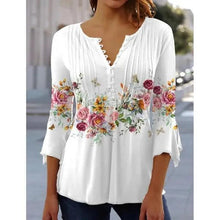 Load image into Gallery viewer, Spring and Summer Fashion New Women&#39;s Clothing Floral Printing V-neck Short-sleeved Pleated Button-up T-shirt Bottoming Shirt