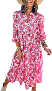 New Casual Loose Long-sleeved V-neck Women's Bohemian Floral Elegant A-shaped Dress