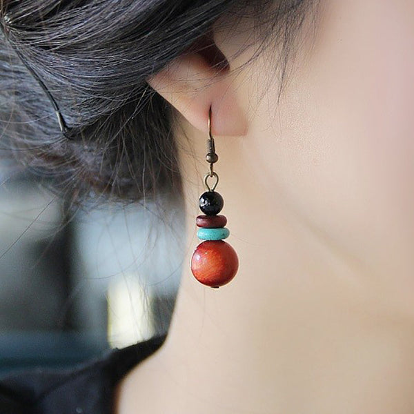 Bohemian Ethnic Style Wooden Bead Temperament Simple Retro Crystal Day Earrings