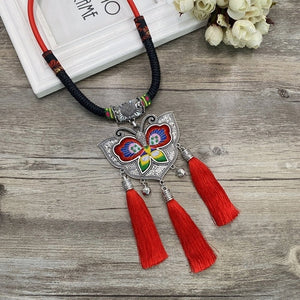 Retro Fashion Ethnic Embroidery Flower Necklace Tassel Pendant Sweater Chain