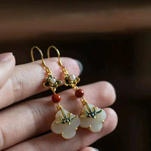 Load image into Gallery viewer, White Jade Clover S925 Silver Earrings with Oriental Classical Paintings, Southern Red Enamel Painted Earrings