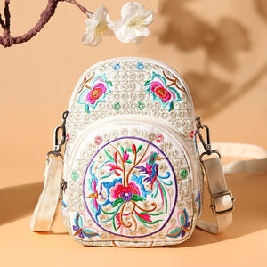 Embroidered Double-layer 7-inch Large-screen Mobile Phone Bag Crossbody Bag Female Canvas Small Bag
