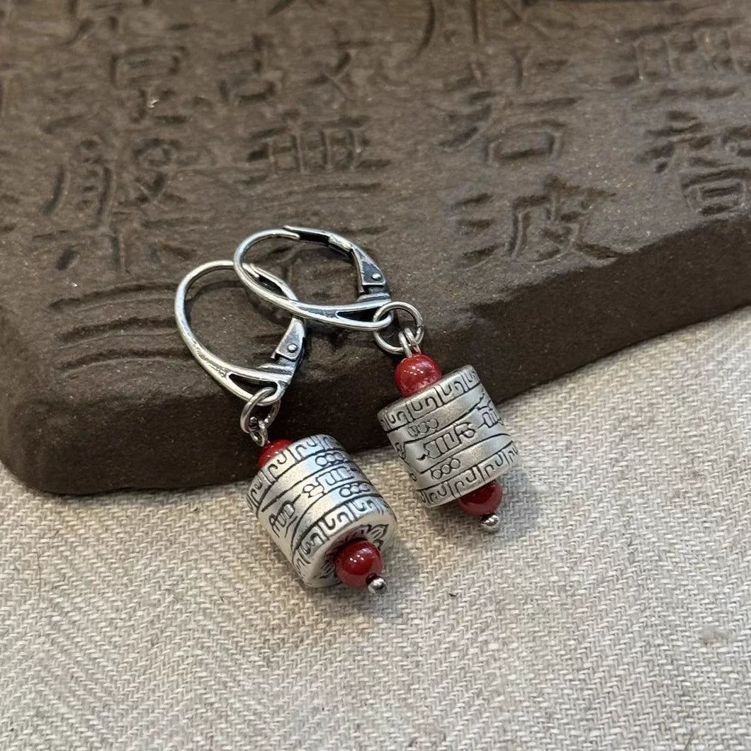 Talisman Bucket Beads 925 Silver Earrings New Tibetan Retro Old Elegant Ethnic Style Festive and Safe Versatile Earrings