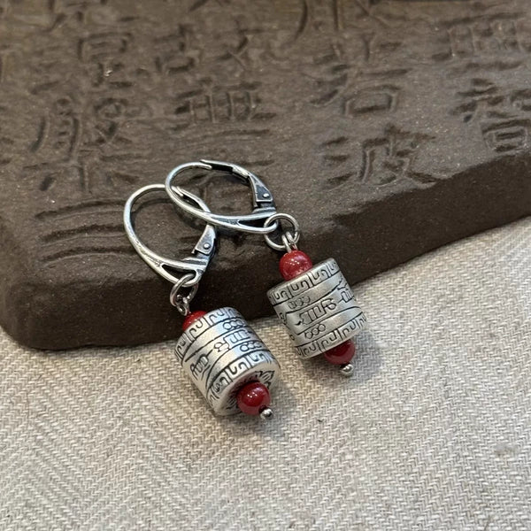 Talisman Bucket Beads 925 Silver Earrings New Tibetan Retro Old Elegant Ethnic Style Festive and Safe Versatile Earrings