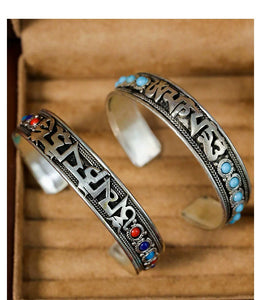 Ethnic Style Nepalese Handmade Jewelry Inlaid with Turquoise Retro Tibetan Jewelry Bracelet, Six-syllable mantra