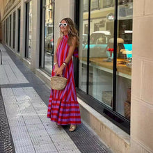 Load image into Gallery viewer, New Dress Neck Halter Striped Print Long Dress