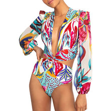 Load image into Gallery viewer, New Open Back Long sleeved One Piece Swimwear High Waist Lace up V-neck Swimwear for Women Bikini