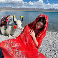 Load image into Gallery viewer, New Super Large Imitation Silk Embroidered Scarf Big Red Shawl with Flower Hat