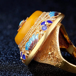 Handmade Silver Flower Silk Inlaid with Topaz Honey Wax S925 Silver Ring Retro Palace Gilded Gold Big Thumb Ring