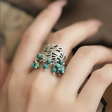 Load image into Gallery viewer, Silver New Retro Old Turquoise Fringed Ring Ethnic Style Tang Grass Flower Hollow Hammer Ring