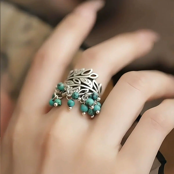 Silver New Retro Old Turquoise Fringed Ring Ethnic Style Tang Grass Flower Hollow Hammer Ring
