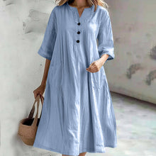 Load image into Gallery viewer, Women&#39;s Dress Women&#39;s Medium and Long V-neck Half-sleeve Cotton and Linen Loose Version Three-button Pocket Dress