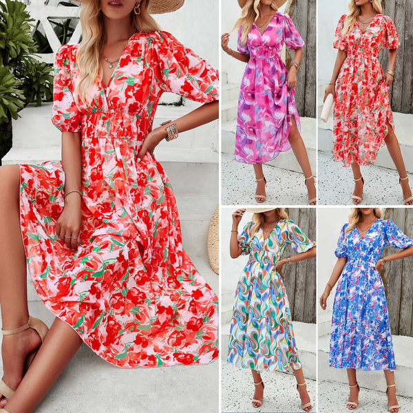 Women's Dress Spring and Summer Elegant Printed Waist V-neck Long Dress