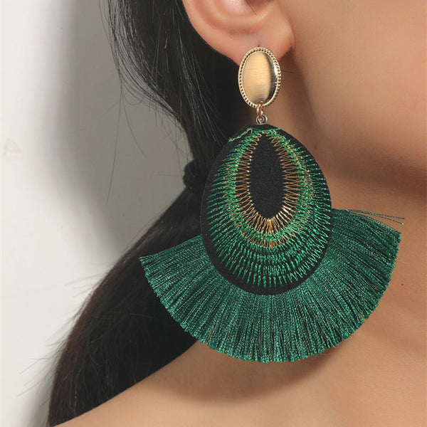 Bohemian peacock feather tassels exaggerated long earrings