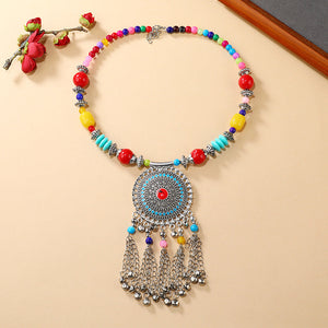 Retro Ethnic Tibetan Necklace Bell Tassel Colored Beaded Collar Sweater Chain Accessories