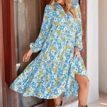 Load image into Gallery viewer, New Casual Loose Long-sleeved V-neck Women&#39;s Bohemian Floral Elegant A-shaped Dress