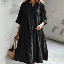 Load image into Gallery viewer, Women&#39;s Dress Women&#39;s Medium and Long V-neck Half-sleeve Cotton and Linen Loose Version Three-button Pocket Dress