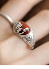 Load image into Gallery viewer, Agate Lotus S925 Silver Ring Women&#39;s 2024 New Niche Design Retro Style Index Finger Ring Mother&#39;s Day Gift