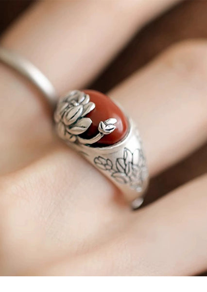 Agate Lotus S925 Silver Ring Women's 2024 New Niche Design Retro Style Index Finger Ring Mother's Day Gift