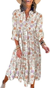 New Casual Loose Long-sleeved V-neck Women's Bohemian Floral Elegant A-shaped Dress