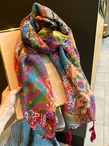 Ethnic Style Colored Silk Scarves Women's Summer Versatile Yarns Cotton and Linen Feel Air-conditioned Room Scarves Beach Towels Sun Protection Shawls