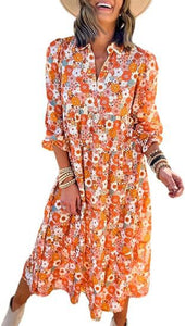 New Casual Loose Long-sleeved V-neck Women's Bohemian Floral Elegant A-shaped Dress