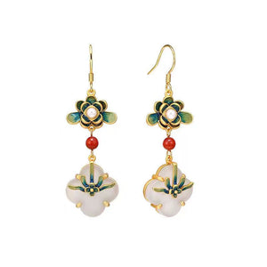 White Jade Clover S925 Silver Earrings with Oriental Classical Paintings, Southern Red Enamel Painted Earrings