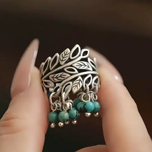 Load image into Gallery viewer, Silver New Retro Old Turquoise Fringed Ring Ethnic Style Tang Grass Flower Hollow Hammer Ring
